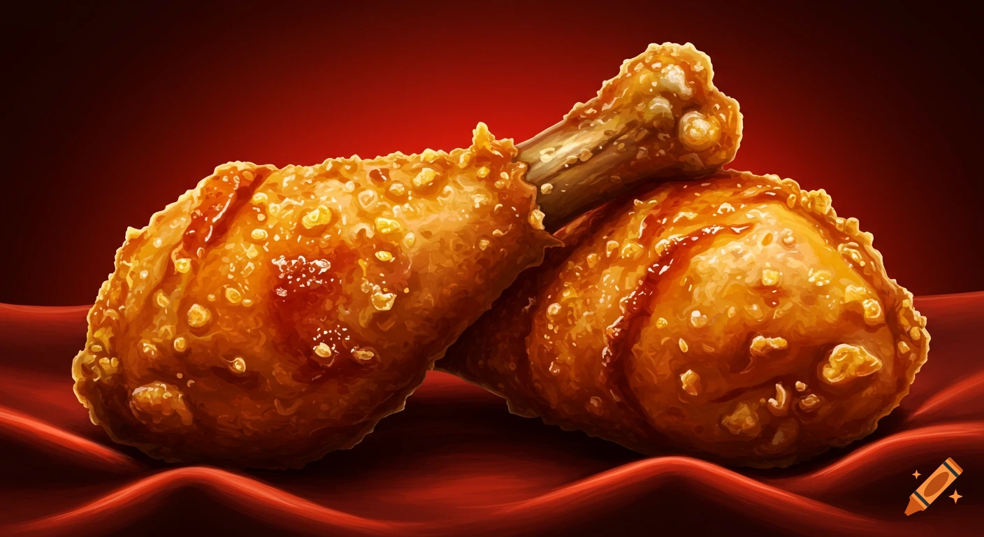 Two golden-brown fried chicken drumsticks with crispy skin and sauce, resting on red draped fabric against a dark red background.