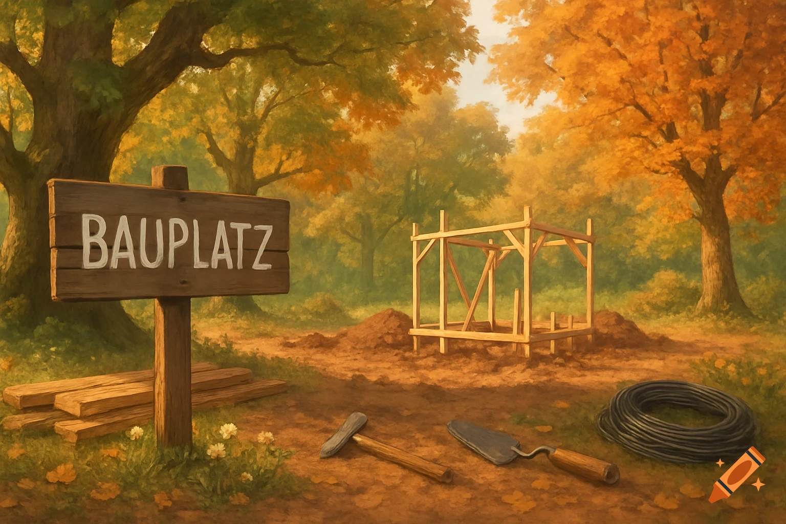 A painterly depiction of a construction site in a forest with a sign reading 'BAUPLATZ', building materials, and tools.