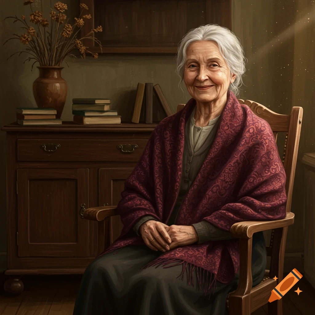 Illustrative portrait of a smiling elderly woman with white hair, wearing a patterned shawl, seated in a wooden chair.