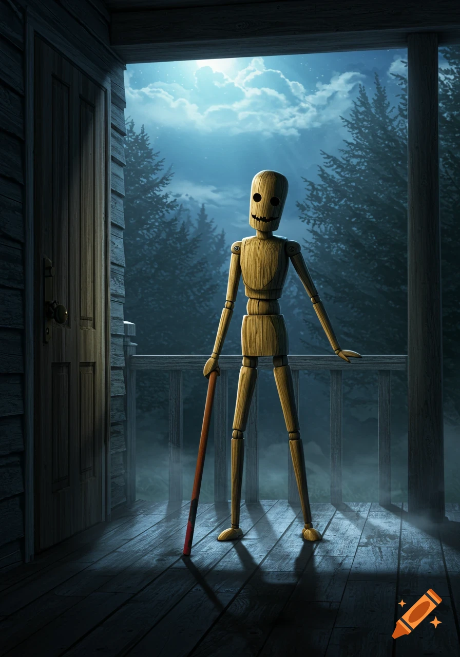 A tall, jointed wooden figure with a carved face stands on a porch at night, holding a red-tipped stick. A moonlit forest is in the background.