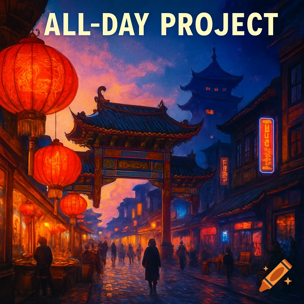 Stylized night scene of a bustling Chinatown street with red lanterns, traditional architecture, and people, with 'ALL-DAY PROJECT' text.