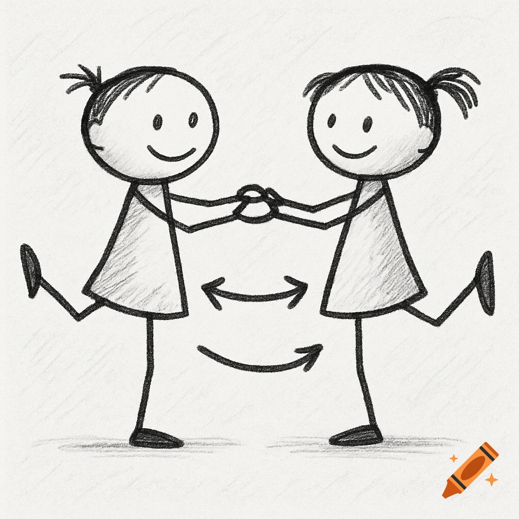 Two black and white stick figures holding hands, lifting one leg each, with arrows indicating lateral and rotational movement in a pencil sketch style.