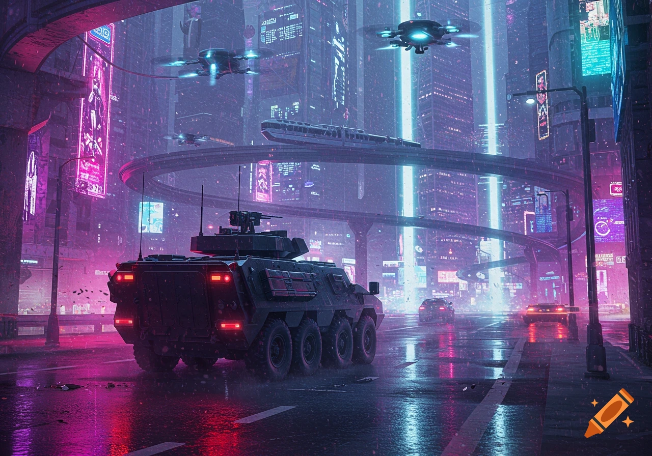 Cyberpunk city street at night with an armored vehicle, flying drones, and neon-lit skyscrapers reflecting on wet pavement.