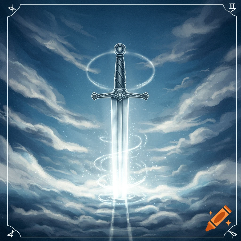 A glowing silver sword stands upright, surrounded by shimmering light and swirling energy, piercing through a dark blue sky filled with white clouds. Stylized symbols are in the corners of the frame.