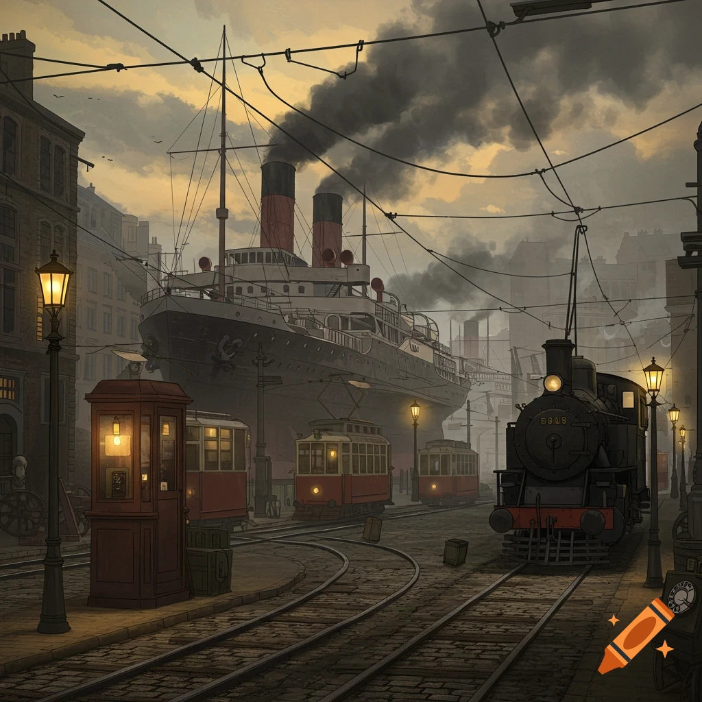 Industrial city street with a large steamship, a black locomotive, red trams, and buildings under a smoky, cloudy sky.