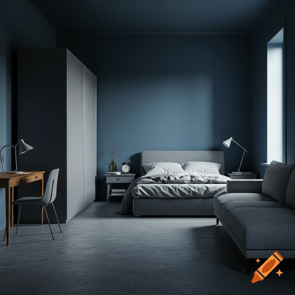 A modern minimalist bedroom with dark blue walls, gray floor, a bed, nightstand, sofa, wardrobe, and desk.