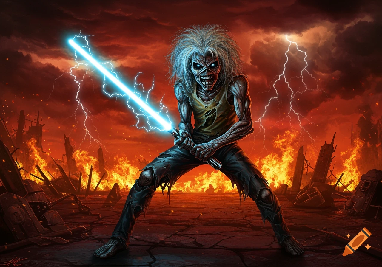 Iron Maiden's Eddie holding a blue lightsaber in a fiery, lightning-filled apocalyptic landscape.