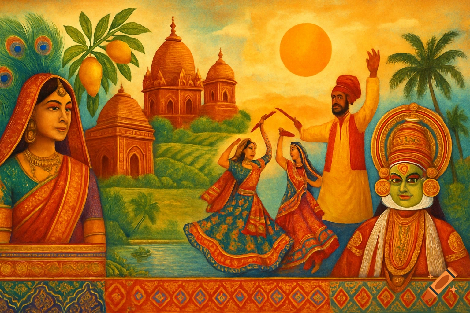 Vibrant folk art painting showing traditional Indian figures, temples, and dancers under an orange sky.