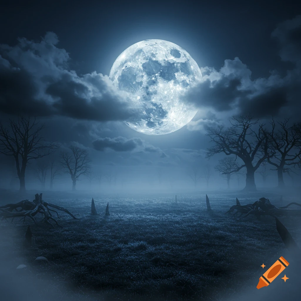 A spooky night landscape illuminated by a giant full moon, with dense fog, dark clouds, and silhouetted barren trees.