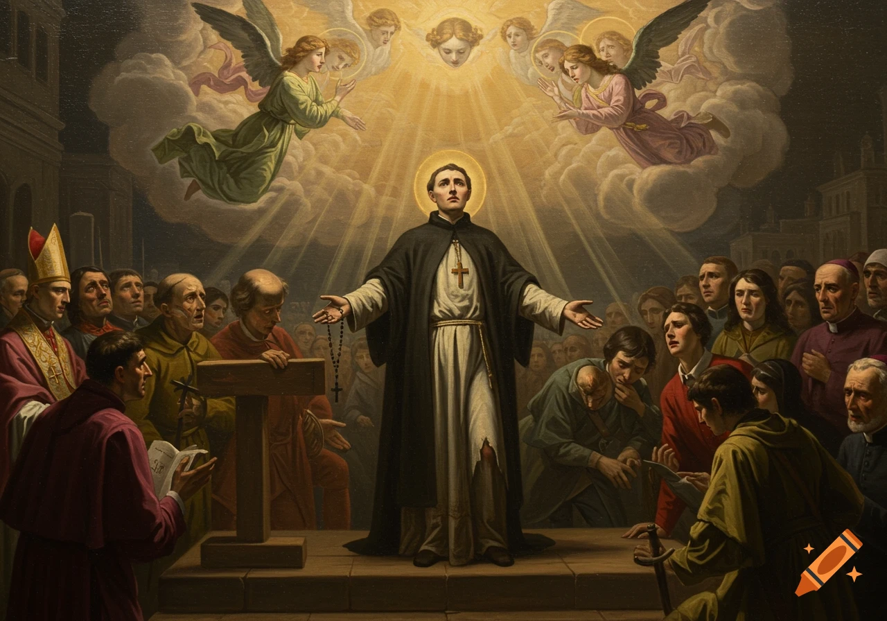 An oil painting of St. John Ogilvie in tattered black and white vestments, arms outstretched, looking upwards as divine light shines upon him. Angels fly in clouds above, and a somber crowd watches below.
