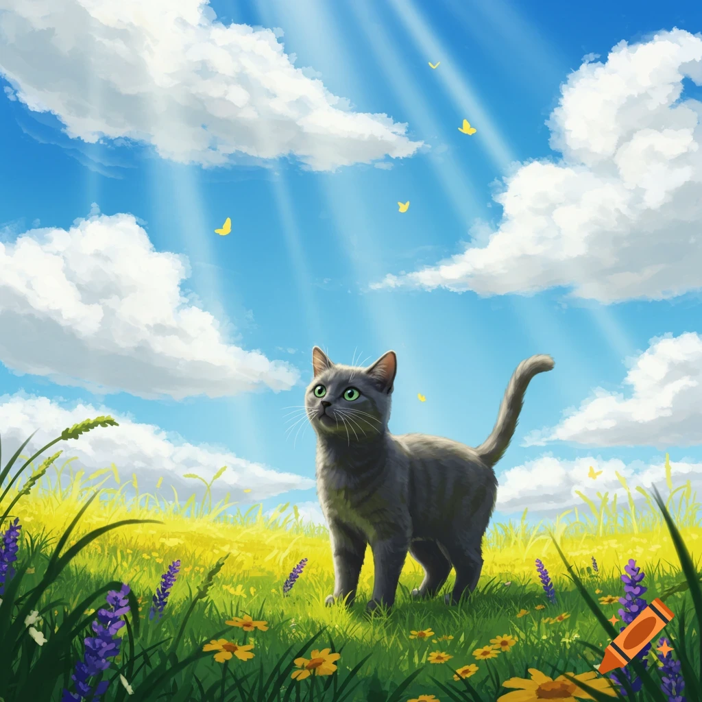 A gray cat with green eyes stands in a vibrant, sunlit field of yellow and purple flowers under a blue sky with white clouds and butterflies.