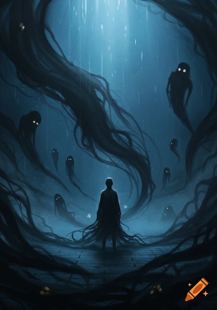 A silhouetted figure stands in a misty, blue-lit environment surrounded by swirling dark tendrils and glowing-eyed ghost-like entities.
