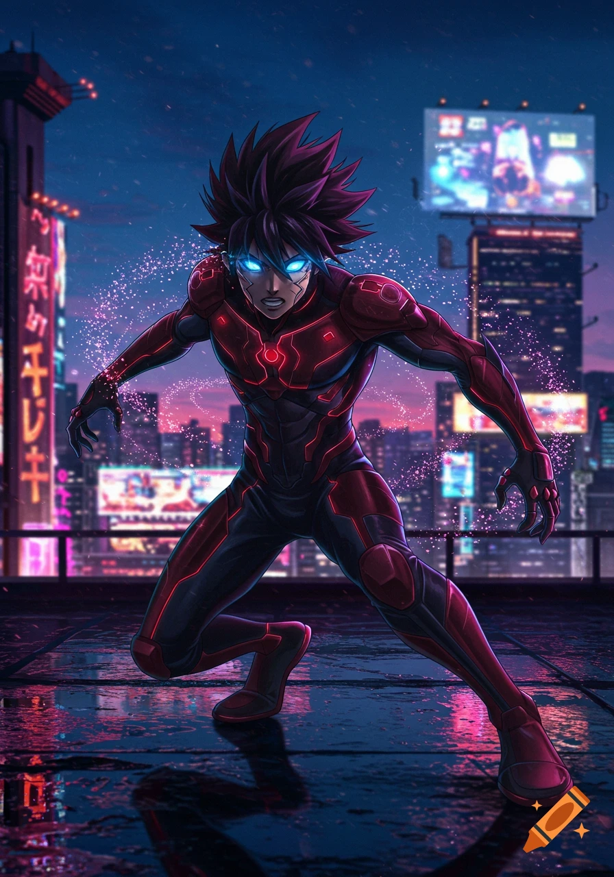 A dynamic anime character in a red and black suit with glowing blue eyes and sparkling energy on a rainy futuristic city rooftop at dusk.