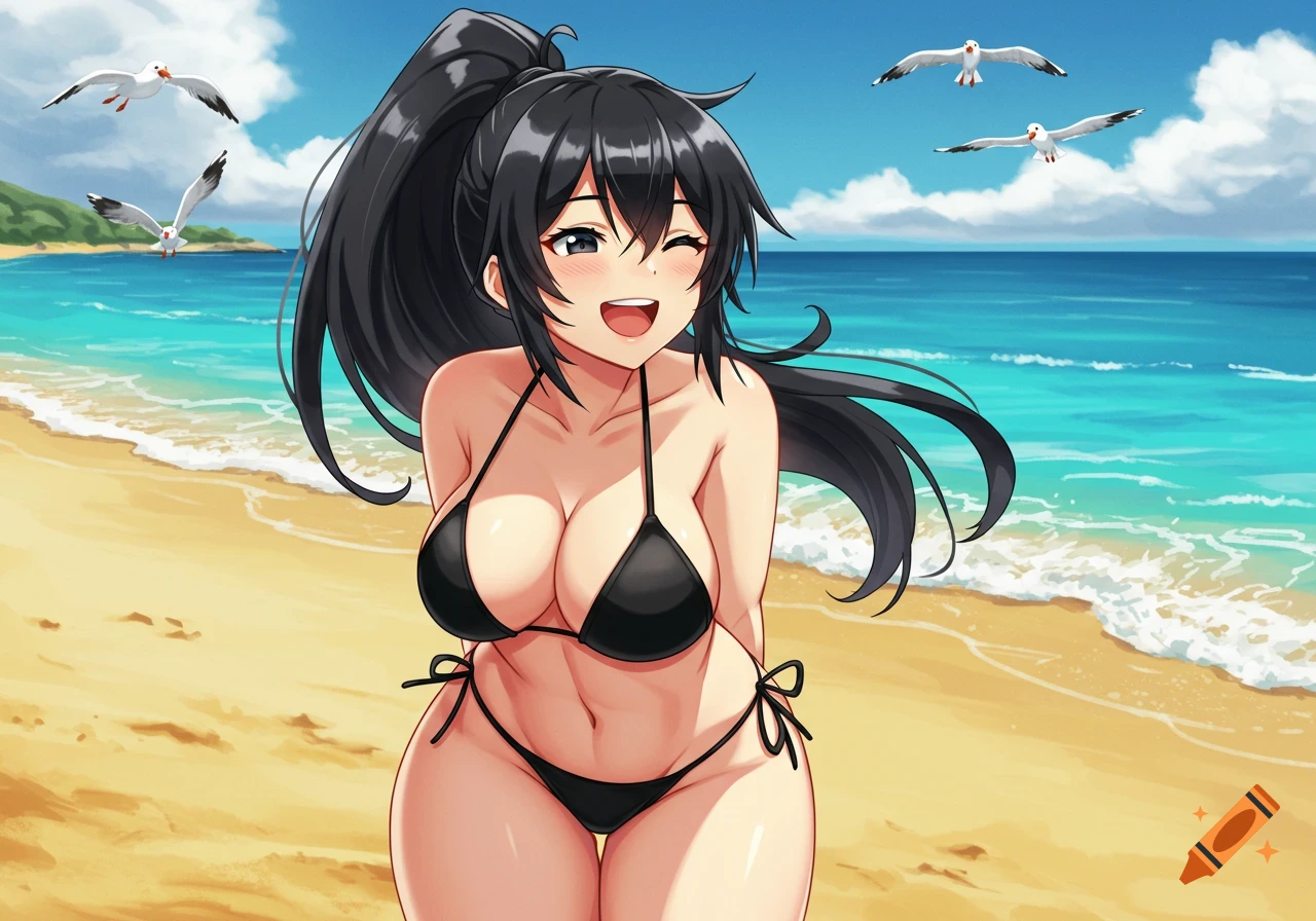 Anime girl with black bikini and ponytail winks on a sunny beach with seagulls.