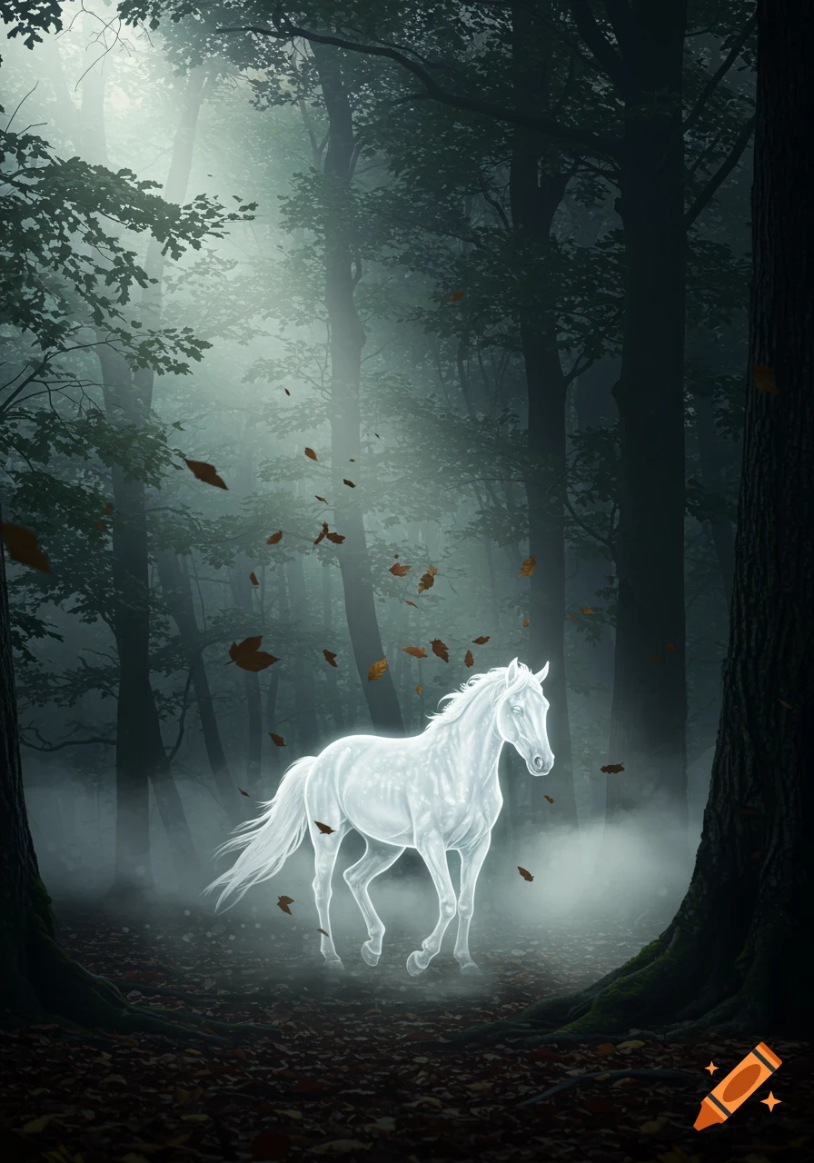 A glowing, ethereal white horse walks through a dark, misty forest with fallen autumn leaves.