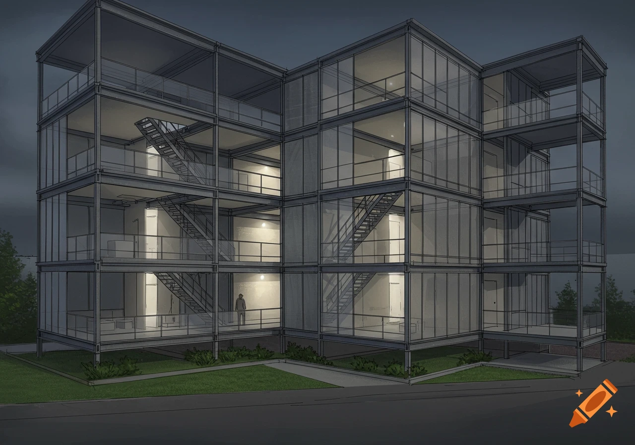 A multi-story modern building with a metal frame and glass exterior, illuminated at dusk, with one person visible inside.