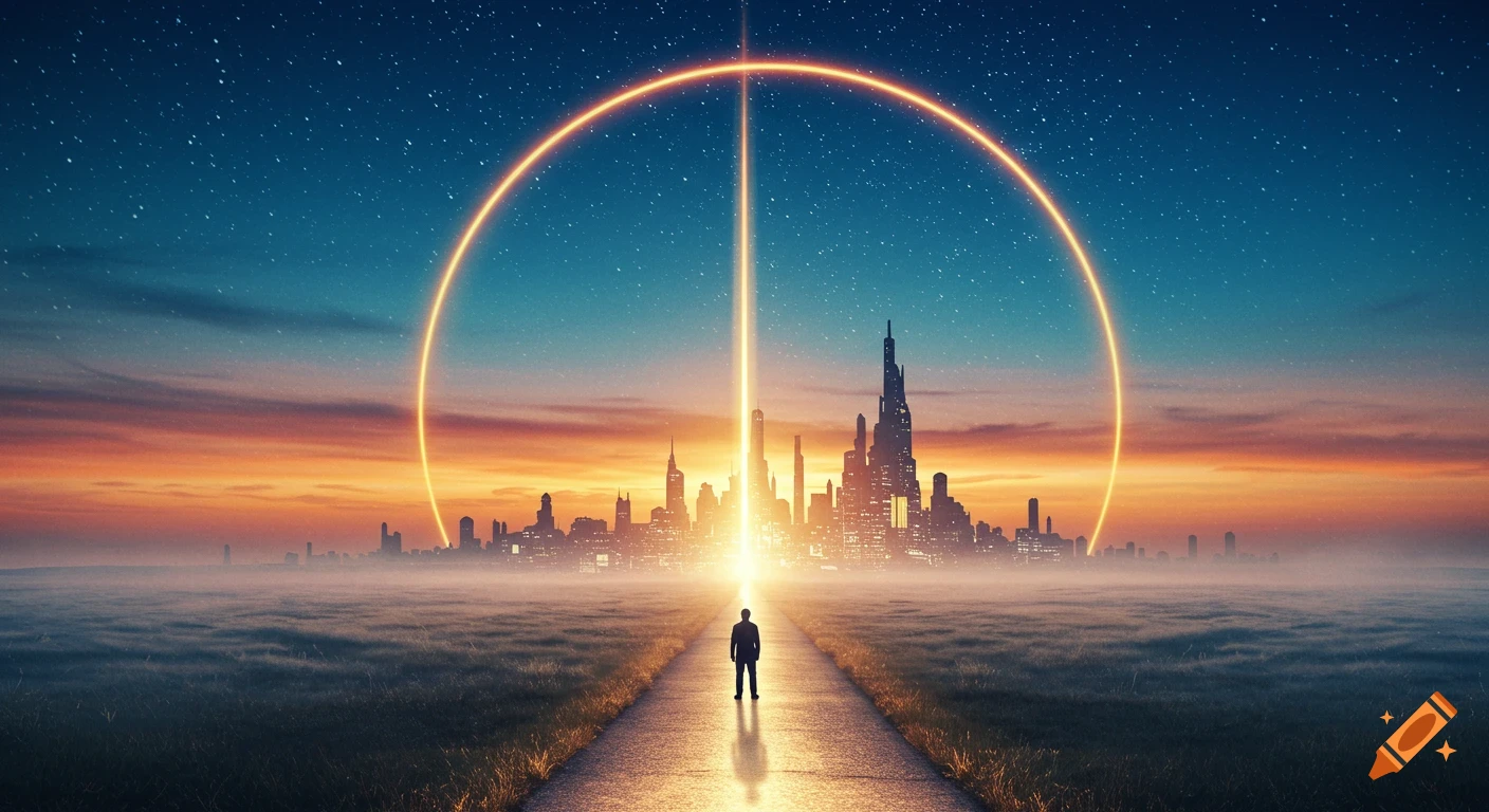 A lone man on a glowing path gazes at a futuristic city under a starry sunset sky with a luminous halo, digital painting.