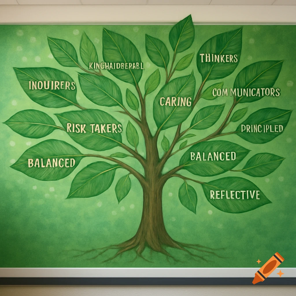 A vibrant green wall mural featuring a stylized tree with roots and many leaves, each bearing an educational trait.