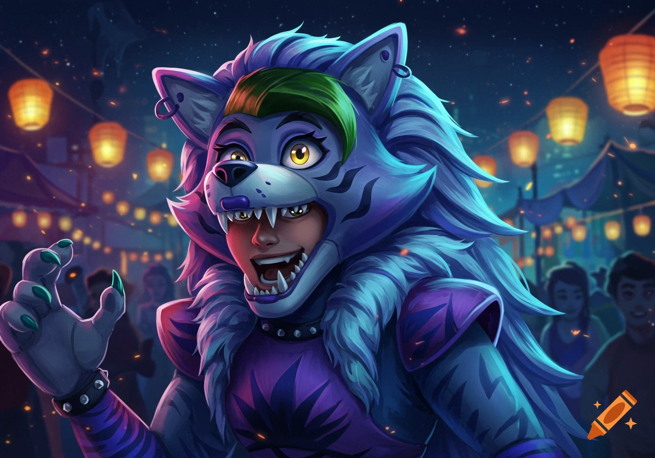Vibrant digital illustration of a person in a purple and blue wolf costume smiling at a night market lit by numerous lanterns.
