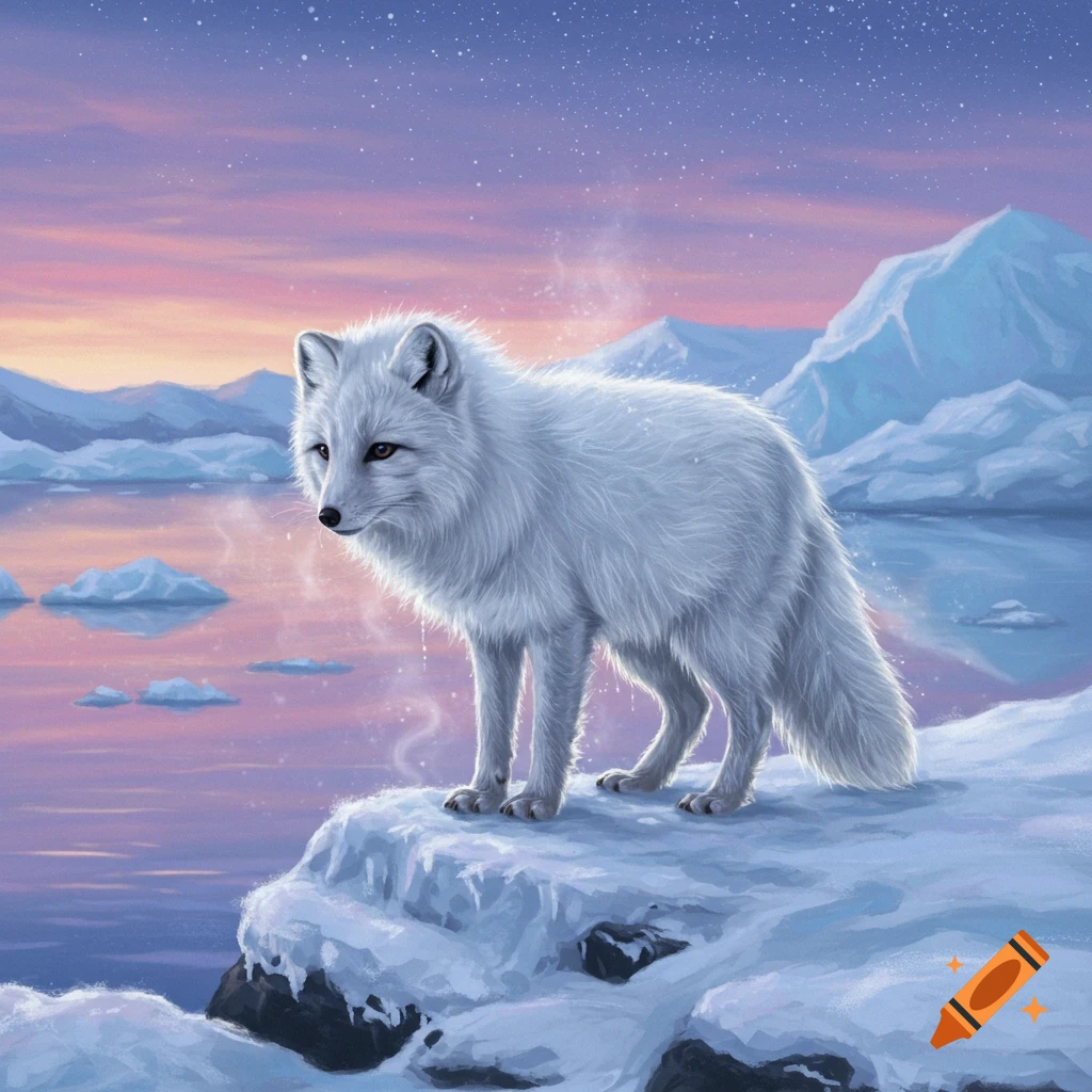 A white arctic fox stands on a snowy cliff edge overlooking a serene purple and pink lake with mountains under a starry sky.