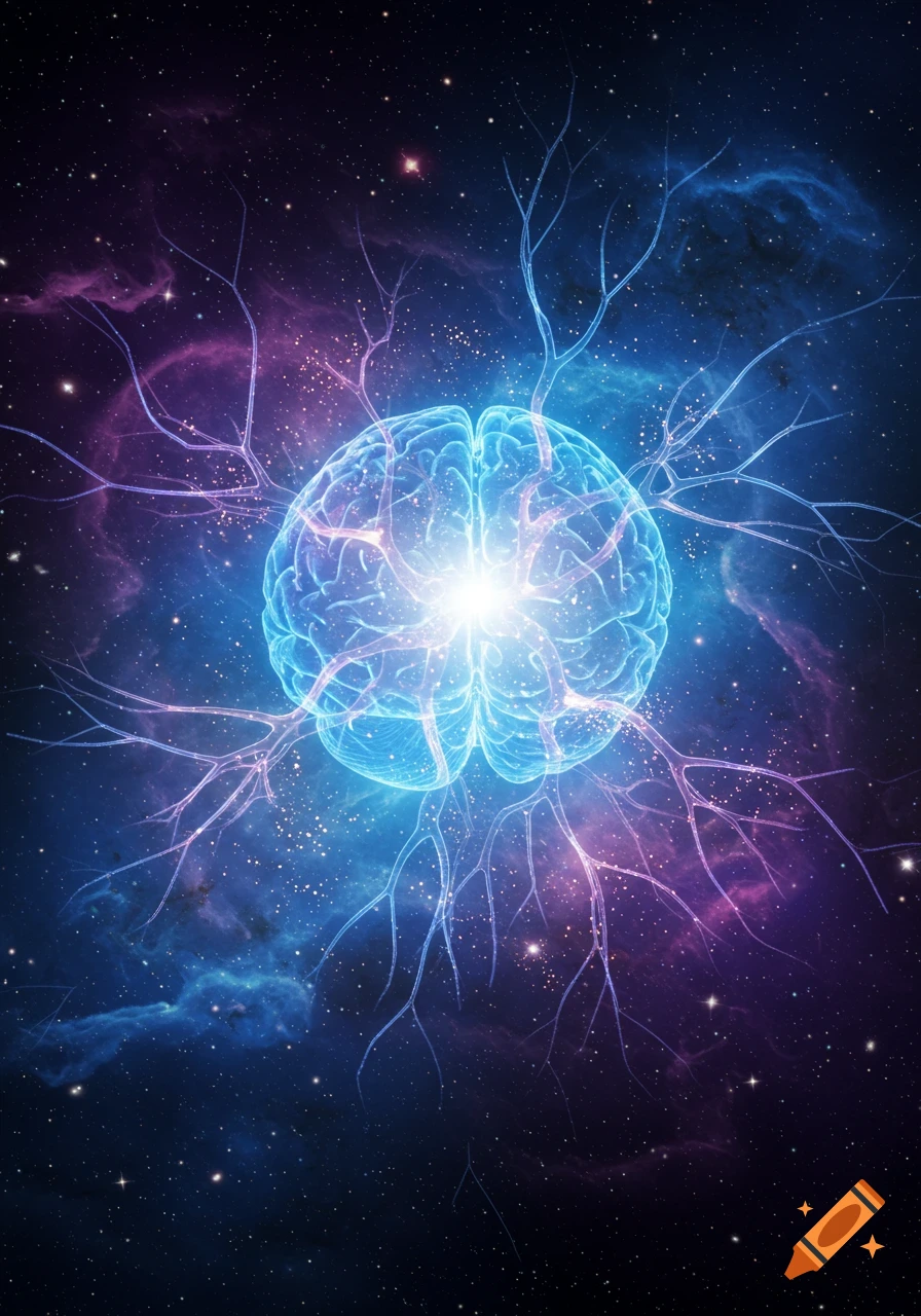 A vibrant, glowing blue brain with electric tendrils against a purple and blue cosmic nebula and starry background.