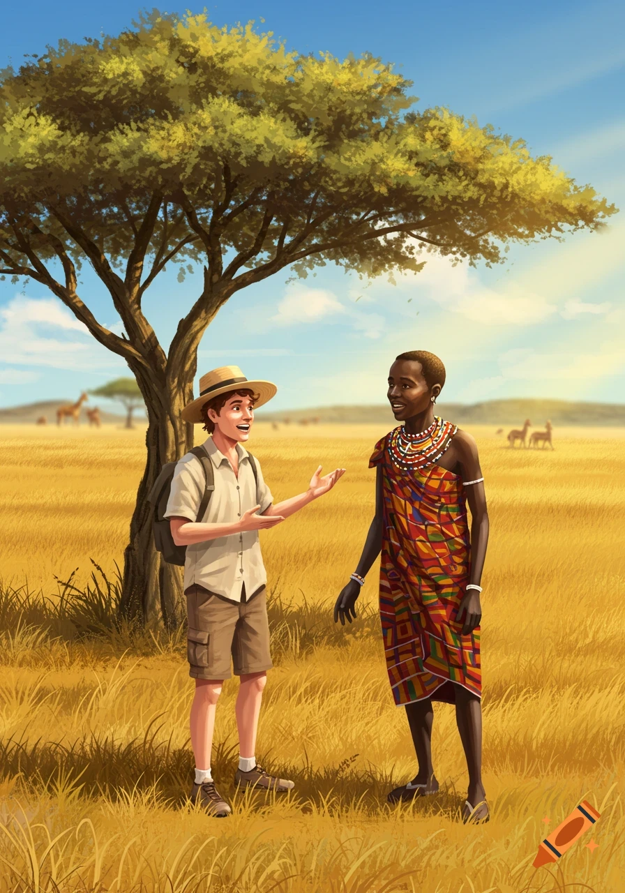 A tourist in a hat talks to a person in traditional African attire in a sunny savanna with an acacia tree and giraffes.