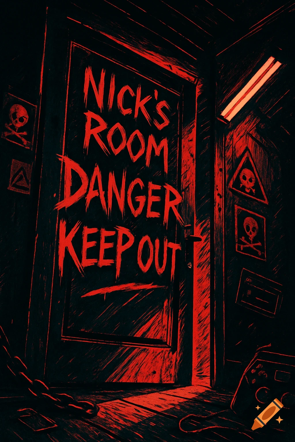 A dark, red-lit illustration of a door with "NICK'S ROOM DANGER KEEP OUT" scrawled on it, surrounded by skull warning signs.