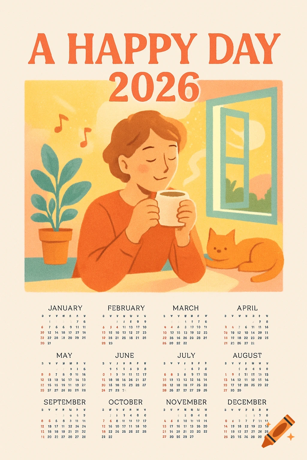 A cheerful illustrated 2026 calendar poster showing a person drinking coffee, a cat, a plant, and musical notes.