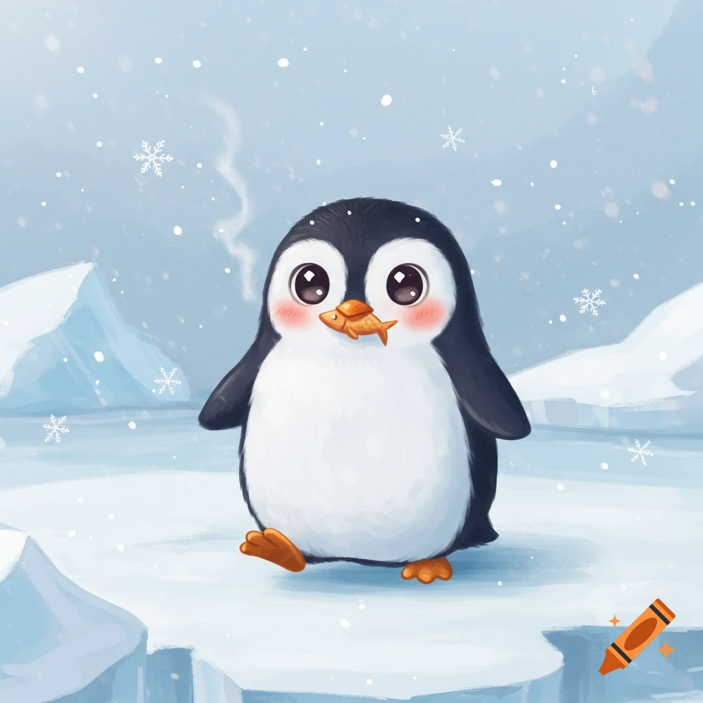 A cute 2D cartoon penguin with rosy cheeks walks on ice, holding a small fish in its beak as snowflakes fall in a wintery scene.