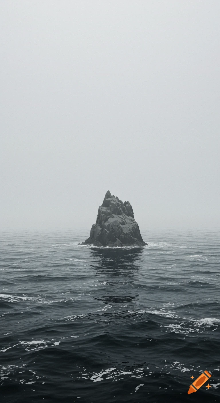 A lone, jagged rocky island rises from dark, choppy Atlantic waters under a foggy, gray sky, rendered as a minimalist digital painting.