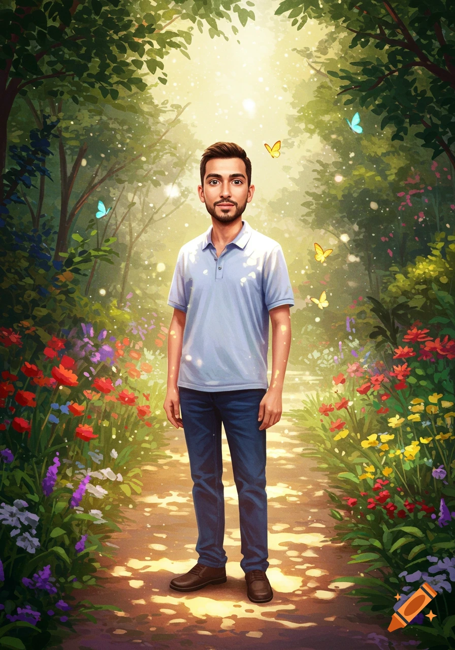 An illustrative man stands on a sun-dappled forest path surrounded by vibrant flowers and flying butterflies.