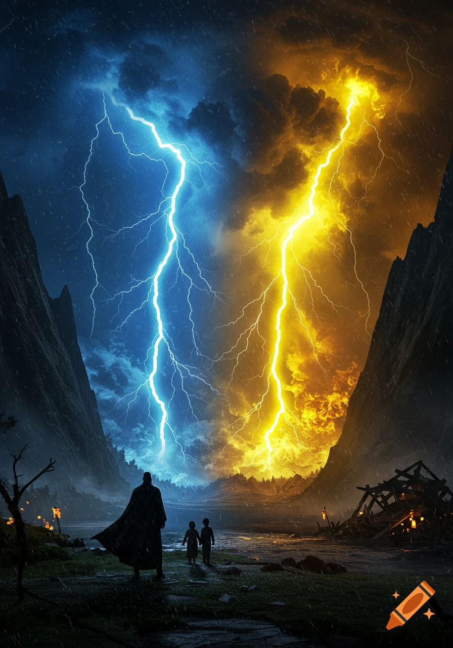 A silhouetted man and two children face a valley split by blue and yellow lightning storms over a destroyed village.