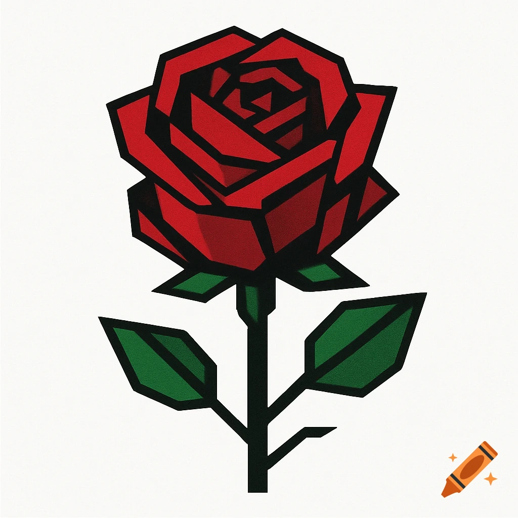 A stylized red rose with green leaves and stem in a geometric, logo-like design on a white background.