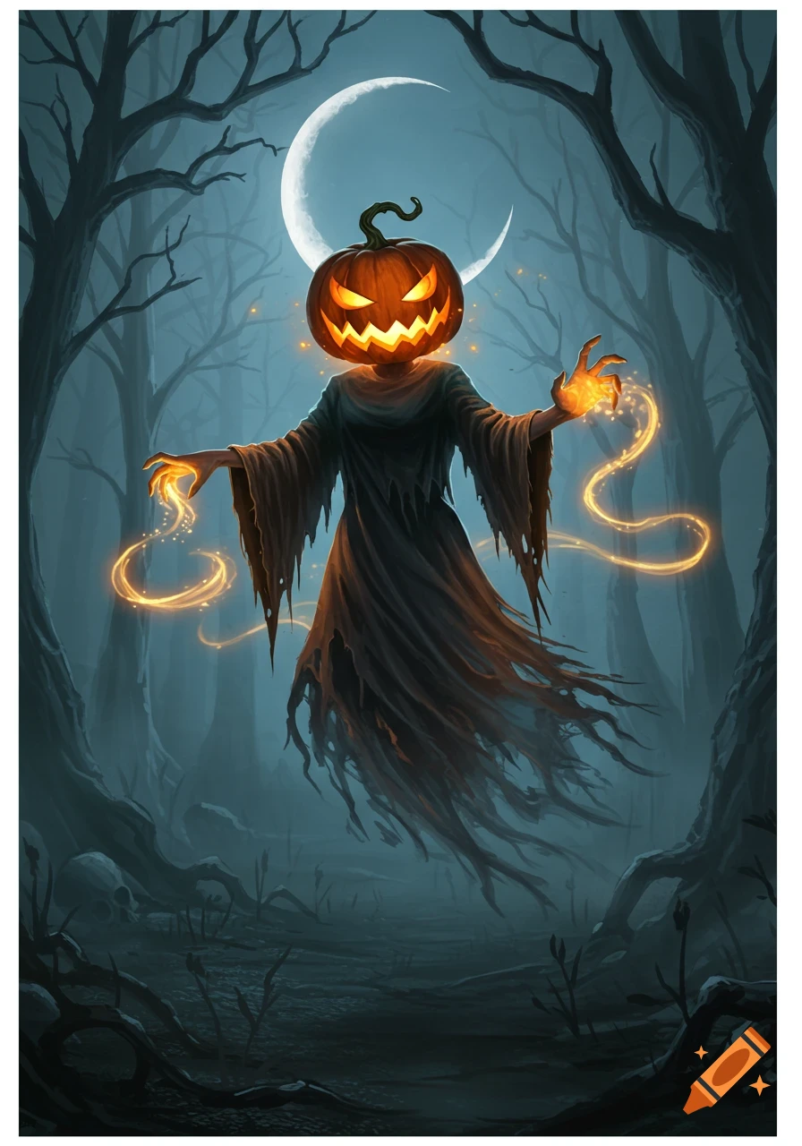 A jack-o'-lantern headed figure in tattered robes floats in a misty, dark forest, emitting glowing magic from its hands under a crescent moon, digital art.