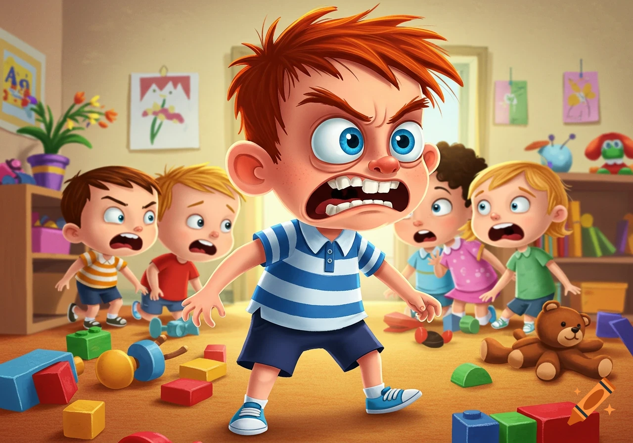 A red-haired cartoon boy with blue eyes is having an angry tantrum in a daycare, surrounded by scattered toys and scared children.