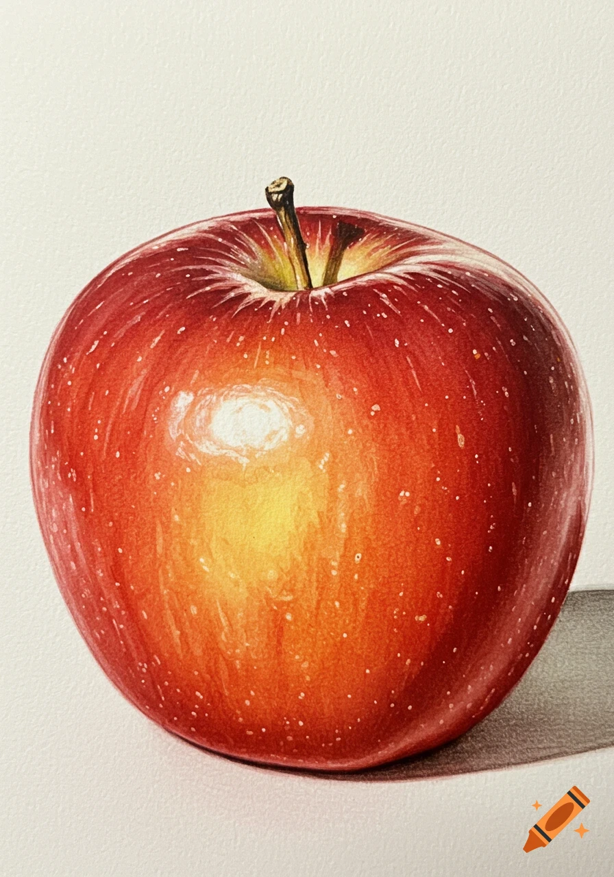 A detailed pencil and watercolor drawing of a single vibrant red apple with a stem, set against a plain light background.