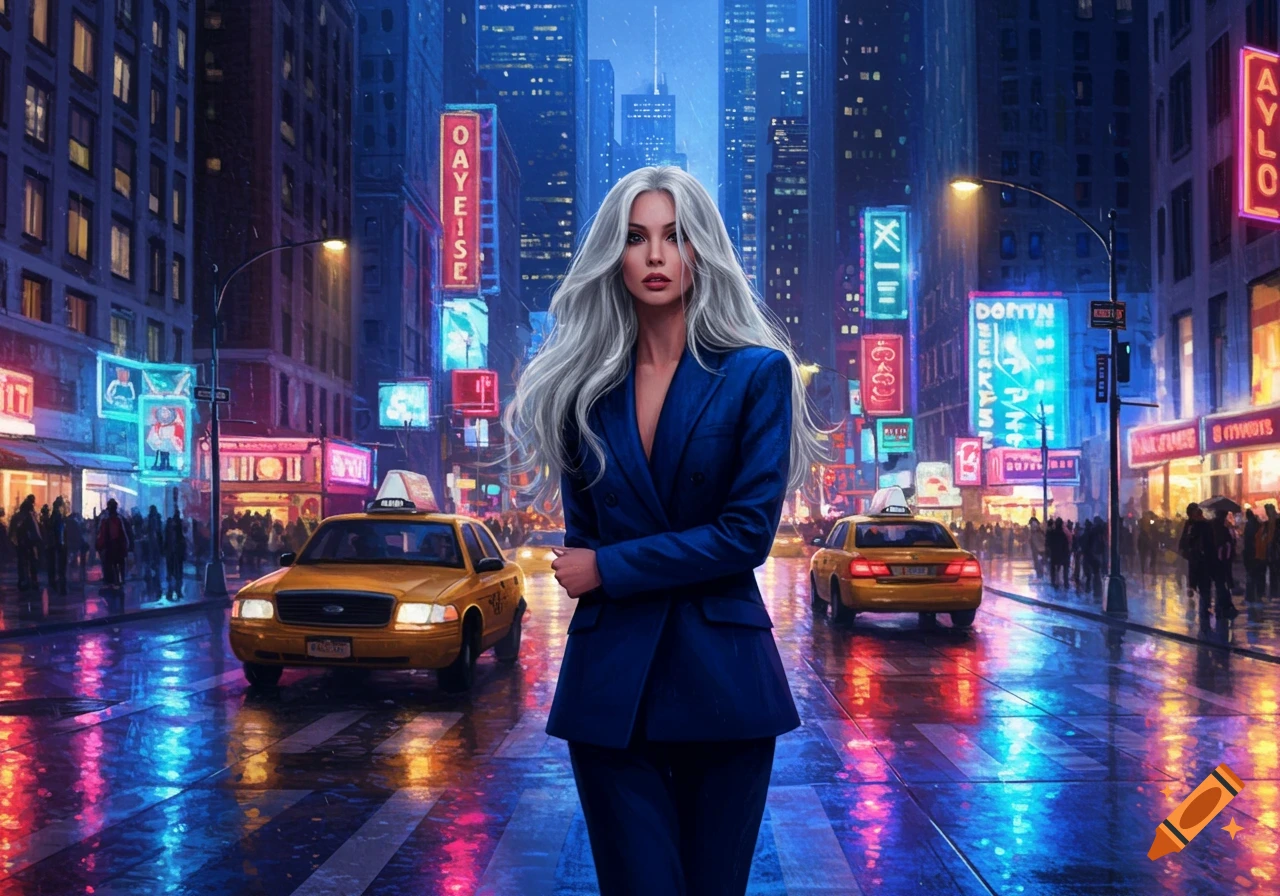 A stylish woman with long gray hair in a blue suit walks down a wet, neon-lit city street at night with yellow taxis.