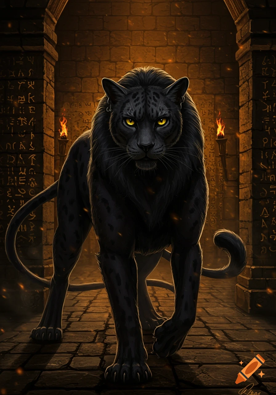 A majestic black panther with glowing yellow eyes stands in a dimly lit ancient stone dungeon with hieroglyphic carvings on the walls and torches.