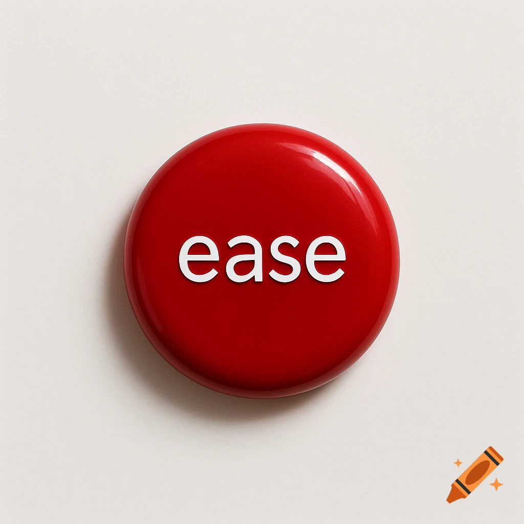 A red, glossy circular button with the word "ease" in white text on its surface, casting a subtle shadow on a light background.