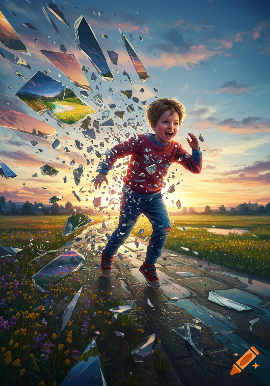 A boy running with an excited expression through a field at sunset as the world shatters into glass-like shards around him, some reflecting different landscapes.