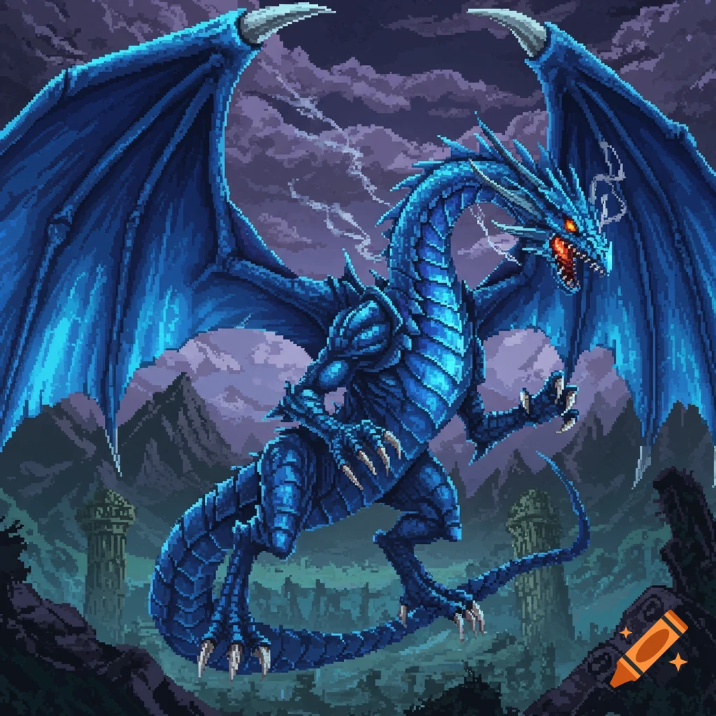 A majestic blue pixel art dragon with large wings and glowing red eyes flies above a dark, mountainous landscape with ruins.