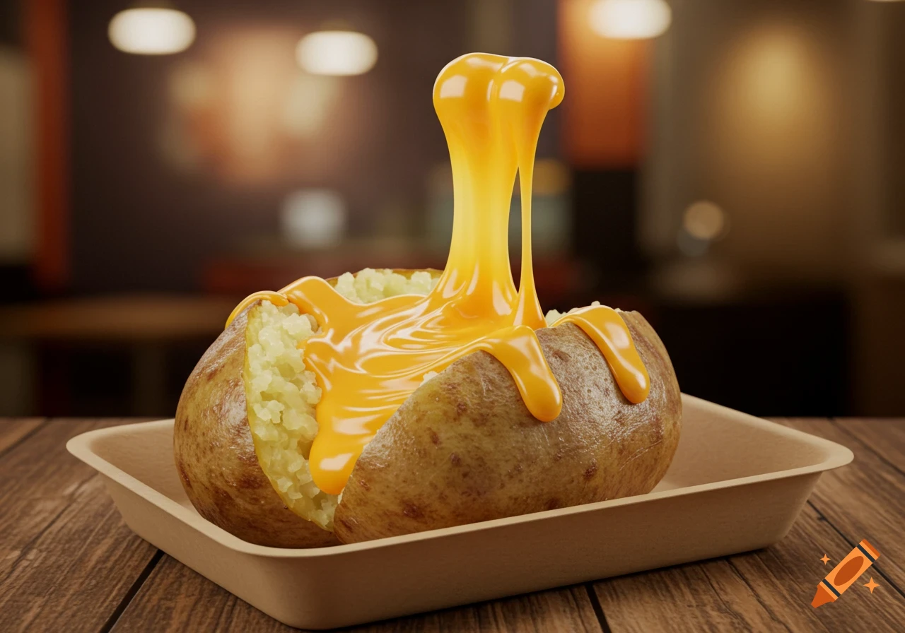 A photorealistic jacket potato cut open with melted cheese stretching upwards, served in a beige takeaway container on a wooden table.