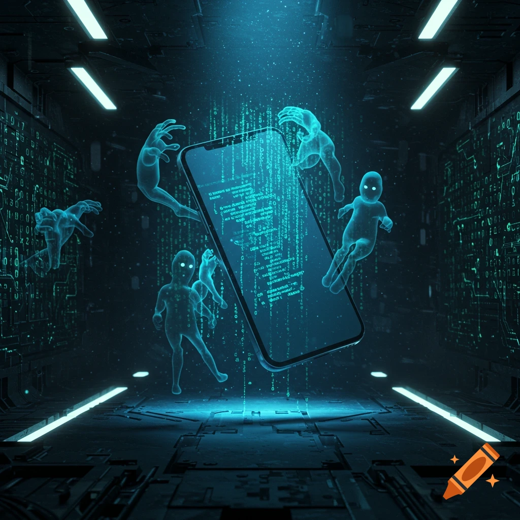 Ghost-like figures surround a glowing smartphone with binary code falling in a dark, futuristic digital environment.