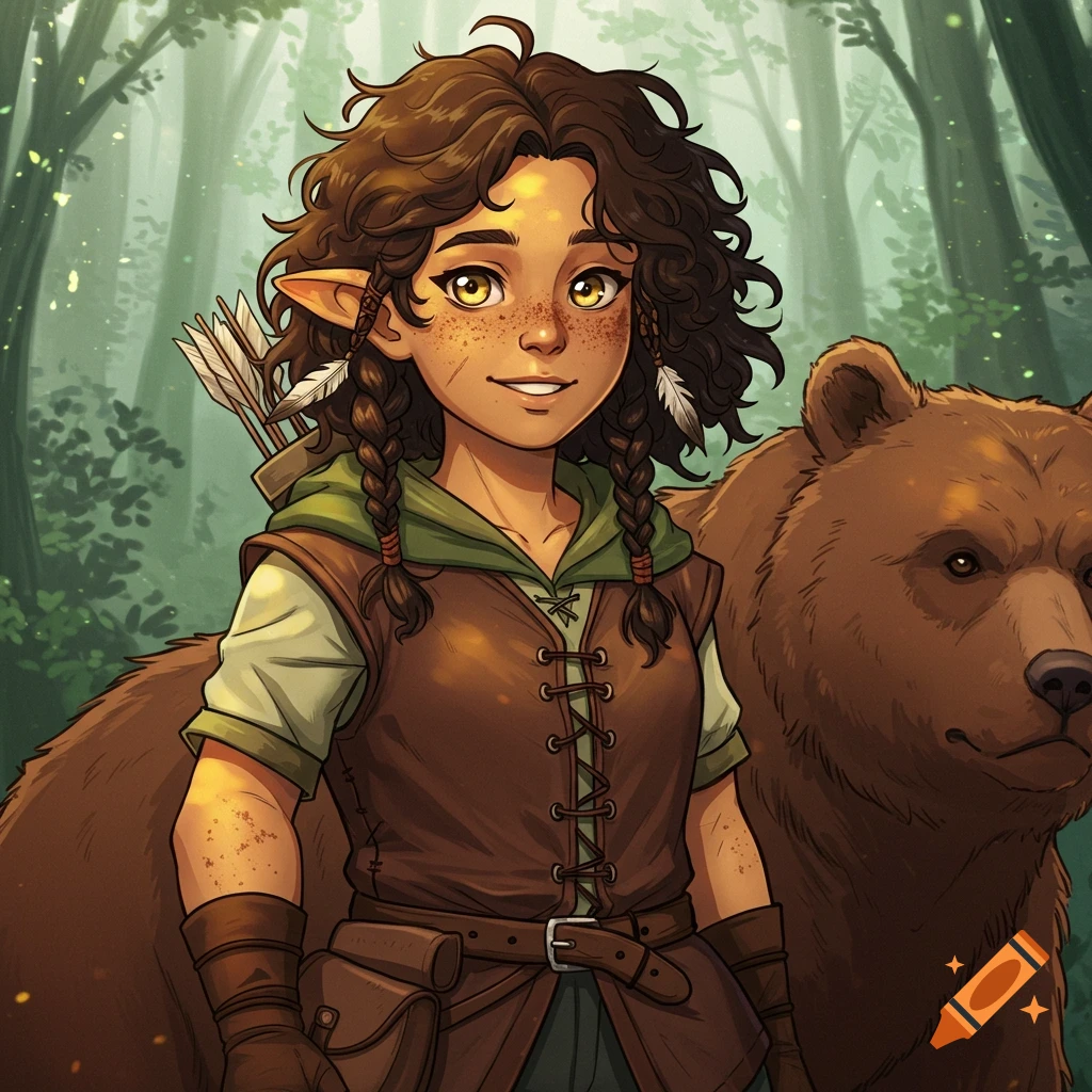 Anime-style portrait of a dark-haired, freckled, elfin ranger with a bear companion in a forest.