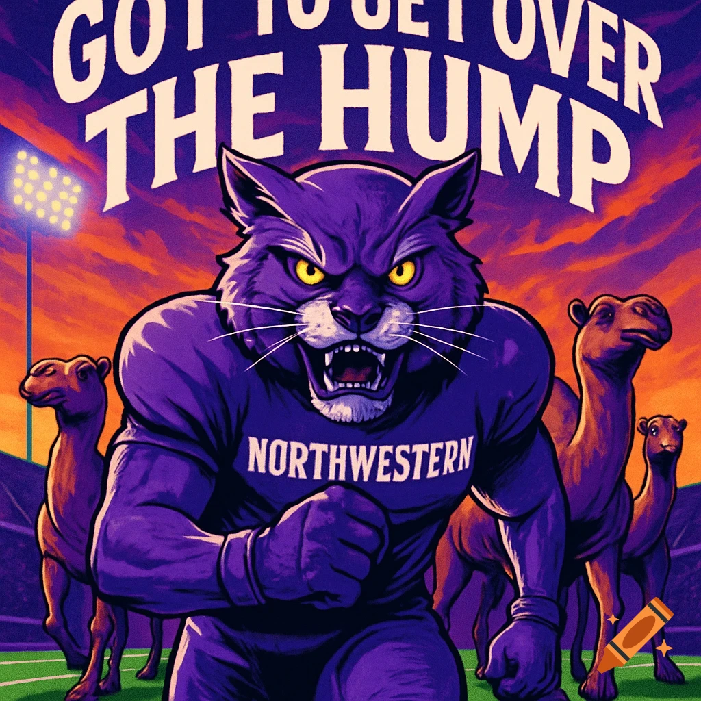 A purple wildcat football mascot on a field with camels, text 'GOT TO GET OVER THE HUMP' above, in a vibrant illustrated style.