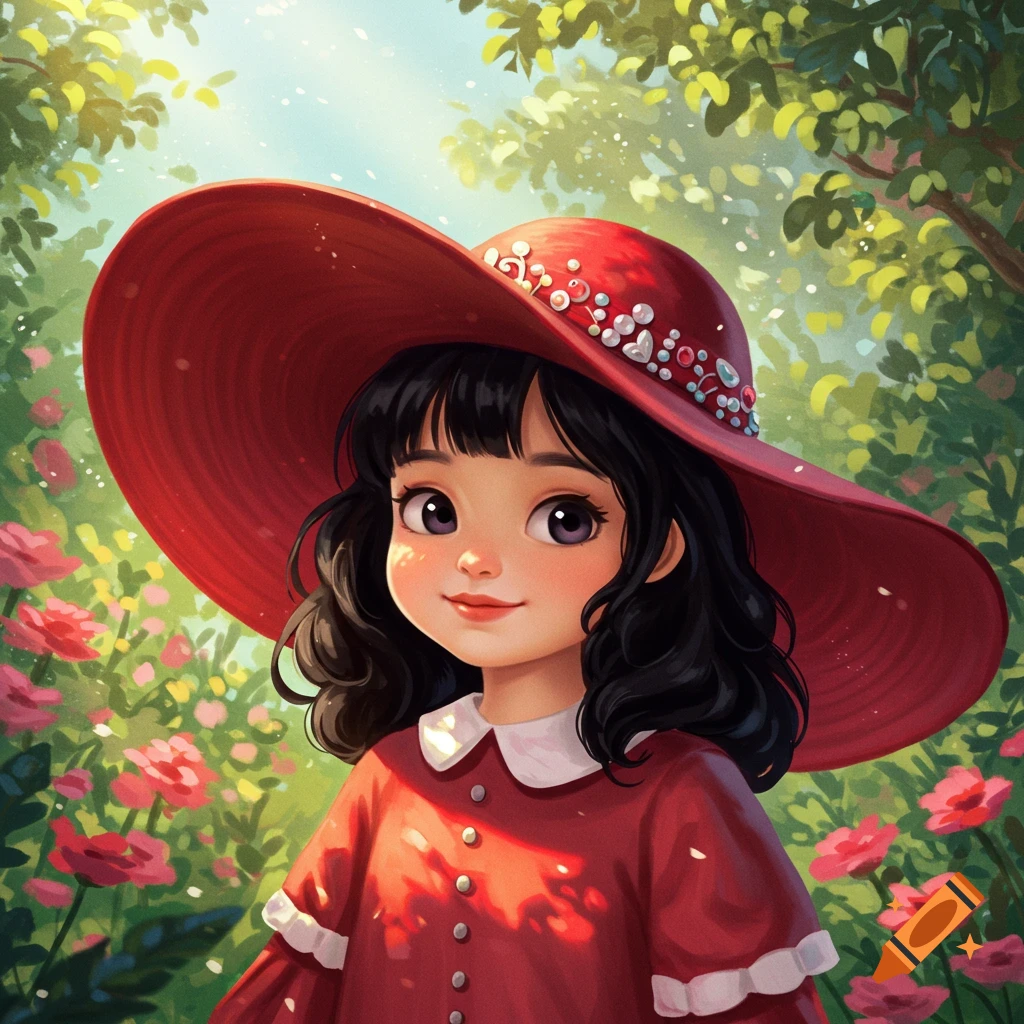A cute cartoon girl in a red dress and large red hat stands in a vibrant, sunlit garden filled with flowers.