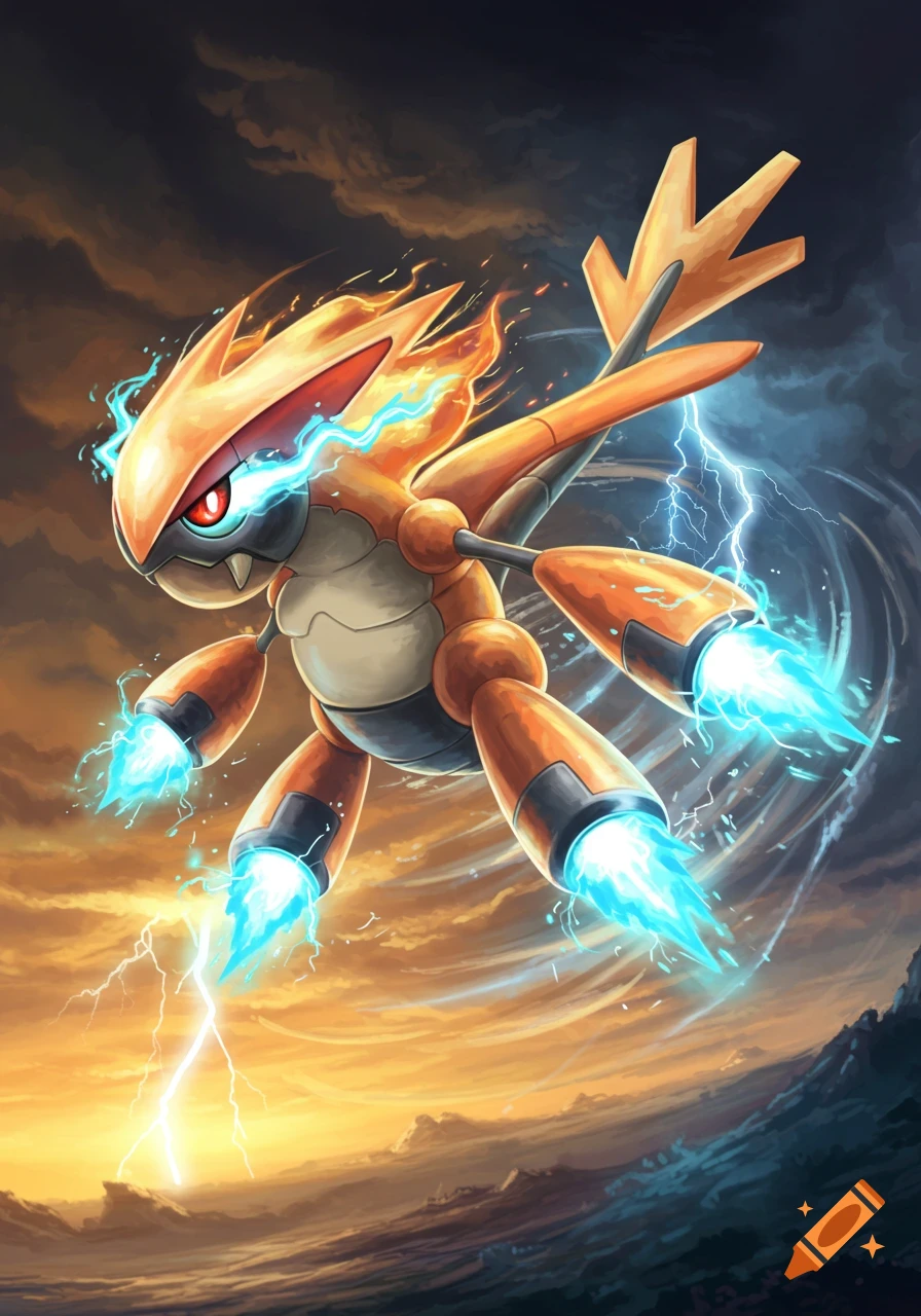 Vortexer, an orange, electric-fire type creature, flies through a stormy sky with blue thruster flames and lightning.