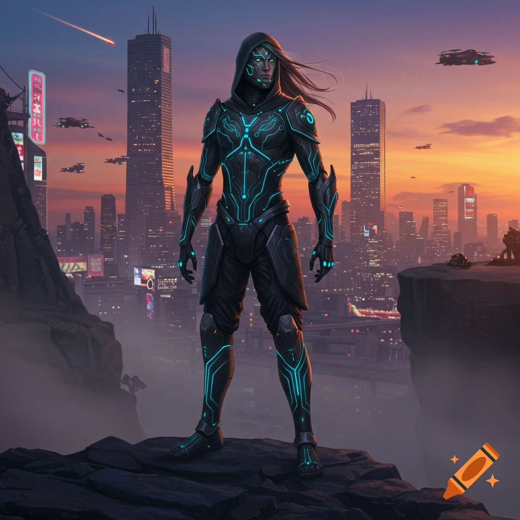 A futuristic warrior in glowing black and teal armor stands on a cliff overlooking a vibrant cyberpunk city at sunset.