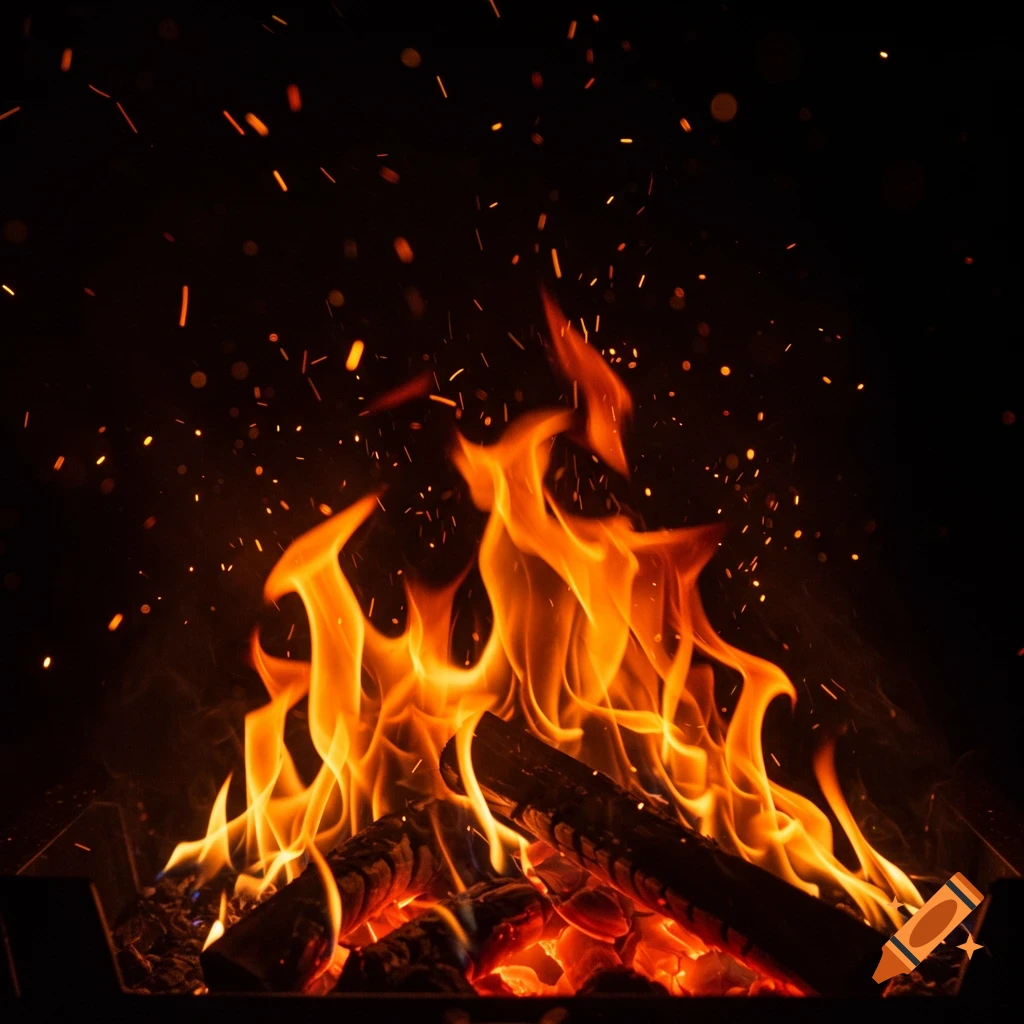 A vibrant fire with glowing embers and logs, surrounded by numerous orange sparks against a dark background, photorealistic style.