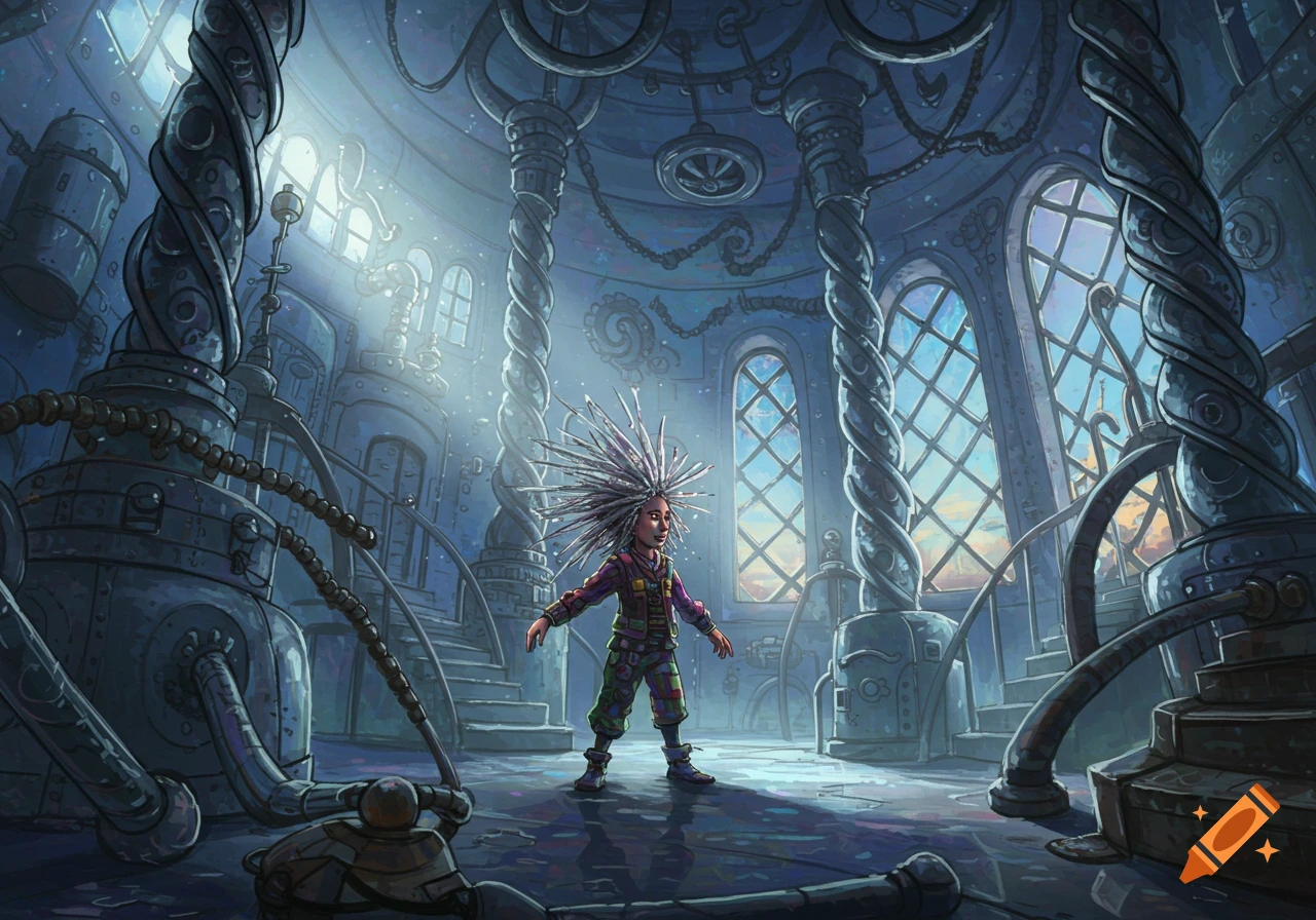 A stylized person with spiky hair stands in a large, intricate metal room with arched windows, in a detailed illustration.